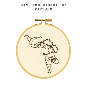 Pode incluir: Um padrão PDF de bordado à mão com um design de dois personagens de desenho animado bordados com fio preto em tecido creme, dentro de um bastidor de madeira. O texto "HAND EMBROIDERY PDF PATTERN" está no topo. Um item artesanal charmoso.