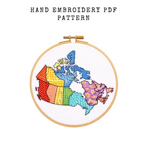 map of Canada, colorful,  Hand Embroidery Pattern: hoop art, sew, Whimsical Needlework (Digital Download, 6 Sizes Included) hoop art, craft.
