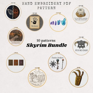 May include: A collection of ten hand embroidery PDF patterns, featuring designs from the Skyrim video game. The designs include phrases like "FUS RO DAH!" and "We Know", along with images of Daedric artifacts and other game elements. The text "Skyrim Bundle" is also visible.