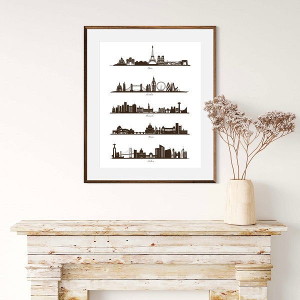 European City Skylines - Paris, London, Brussels, Rome, Lisbon Poster Digital Print