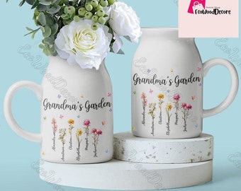 Custom Mom's Garden Flower Vase, Grandkid Name Flower Vase, Personalized Grandma Flower Vase, Mother's Day Gift, Gift For Mom, Grandma, Nana