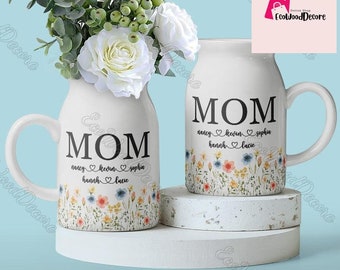 Vase à fleurs personnalisé pour maman, vase à fleurs personnalisé pour maman et enfants, vase à fleurs en céramique pour maman, cadeau pour maman, grand-mère, grand-mère, cadeau de la fête des mères