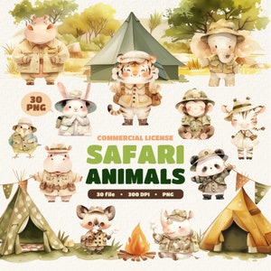 Watercolor Safari Animals Clipart, Cute Jungle Animal, Baby Shower PNG, Tiger Monkey Rabbit Panda Zebra Elephant Bird, Nursery decoration