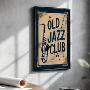 Vintage Jazz Club Poster – Retro Saxophone Wall Art, 1920s Music Bar Decor, Old Jazz Lounge Print