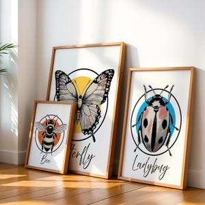 Butterfly Bee Ladybug Print Set: Modern Insect Illustrations (Digital Download)