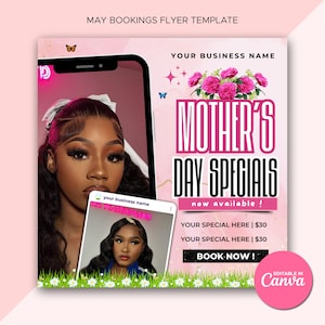 Mother's Day Booking Flyer Mother's Day Special Flyer May Booking Flyer Mother's Day Special Deals Hair Braids Makeup Nails Lash Wig Install