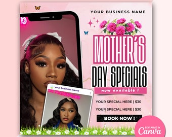 Mother's Day Booking Flyer Mother's Day Special Flyer May Booking Flyer Mother's Day Special Deals Hair Braids Makeup Nails Lash Wig Install