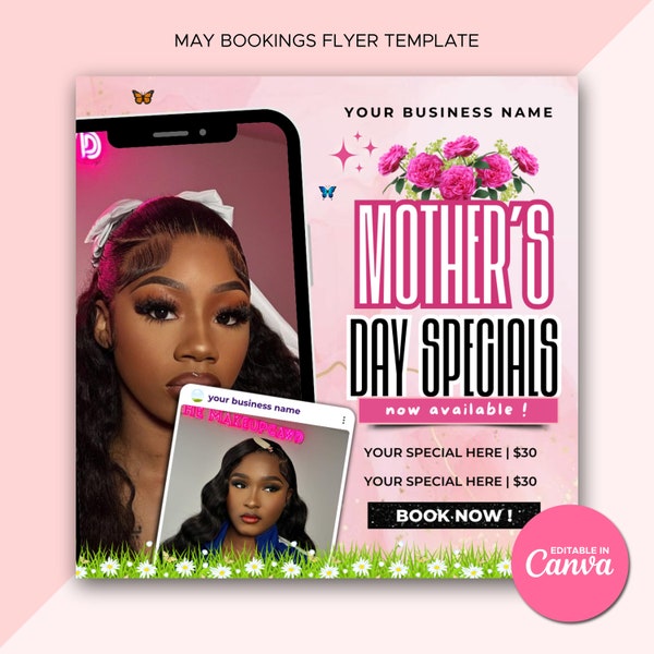 Mother's Day Booking Flyer Mother's Day Special Flyer May Booking Flyer Mother's Day Special Deals Hair Braids Makeup Nails Lash Wig Install