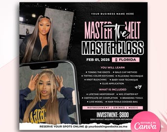 Hair Class Flyer Masterclass Template Lace Wig Class Training Class DIY Hairstylist Training Wig Masterclass Lace Wig Class Flyer Hair Class