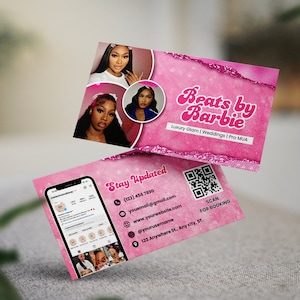 Modèle de carte de visite de salon de beauté modifiable Modèle de carte de visite de beauté Canva MUA modifiable Modèle de carte de salon de beauté rose Carte de visite code QR