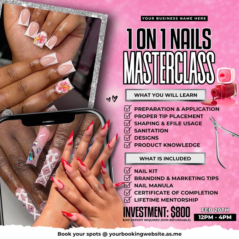 DIY Nail Masterclass Training Editable Nail Class Flyer Nails 1 on 1 Class Canva Template DIY Nail Tech Training Course Beginner Nail Class