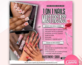 DIY Nail Masterclass Training Editable Nail Class Flyer Nails 1 on 1 Class Canva Template DIY Nail Tech Training Course Beginner Nail Class