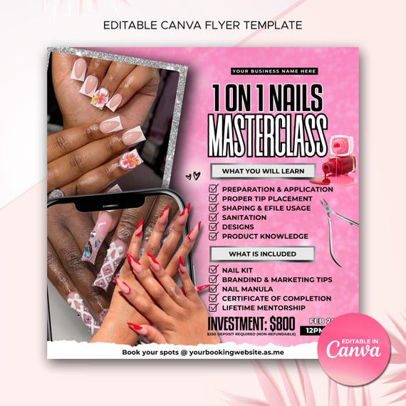 DIY Nail Masterclass Training Editable Nail Class Flyer Nails 1 on 1 Class Canva Template DIY Nail Tech Training Course Beginner Nail Class