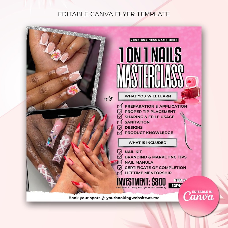 DIY Nail Masterclass Training Editable Nail Class Flyer Nails 1 on 1 Class Canva Template DIY Nail Tech Training Course Beginner Nail Class