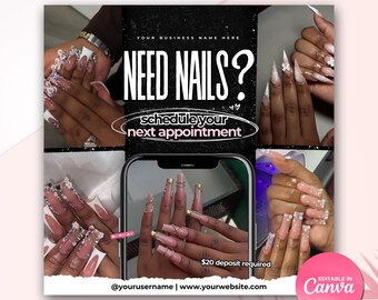 Puede incluir: Un folleto que anuncia servicios de manicura con el texto "NEED NAILS? schedule your next appointment" y un collage de imágenes de uñas manicuradas. El folleto también incluye el texto "$20 deposit required" y el nombre de usuario de las redes sociales "@yourusername".