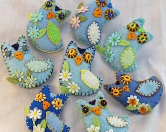 Felt Owl Magnet: Sky Blue Quilty Critter with Embroidered Flowers
