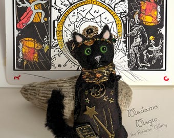 Custom Black Witch Cat Doll: Fortune Teller Quilty Critter, OOAK Samhain Decor