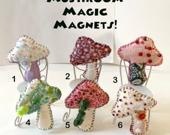 Woodland Wonders / Tiny Quilty Magnets / Mushrooms / OOAK / Party Favors / Novelty / Small Gift / Folk Art