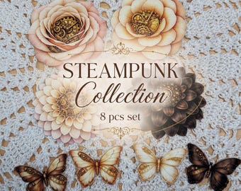 Steampunk Collection Butterfly Flower Die Cut Sticker 8 pcs Set – Journaling, Scrapbooking Supplies