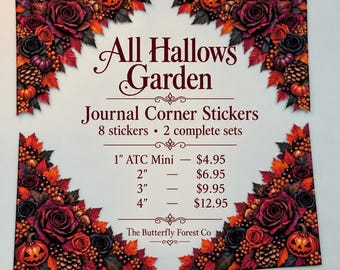 All Hallows Garden Journal Corner Stickers | Halloween Roses and Pumpkins | 8 Piece Set | Journaling, Scrapbooking and ATC