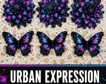 Urban Expression Sticker Collection | 6 Piece Dahlia & Butterfly Sticker Set | Colorful Paint Splatter Stickers