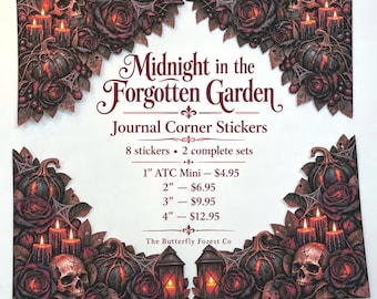 Midnight in the Forgotten Garden Journal Corner Stickers | Gothic Skulls, Roses and Candles | 8 Piece Set | Scrapbooking and ATC