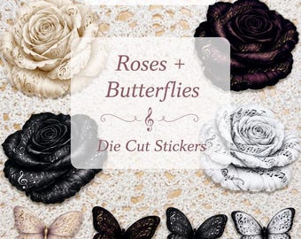 The Music Collection | Roses and Butterflies Die Cut Stickers | Vintage Music Journal Ephemera | 8 pcs Set