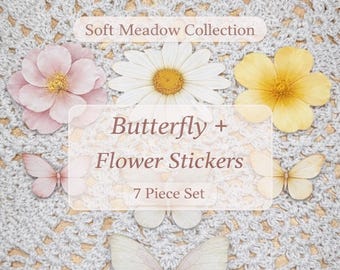 Soft Meadow Collection Butterfly Flower Die Cut Sticker 6 pcs Set – Journaling, Scrapbooking Supplies