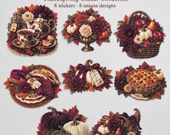 A Thankful Gathering Thanksgiving Stickers | 8 Vintage Autumn Designs | Florals, Pumpkins & Harvest | Junk Journal and Scrapbooking