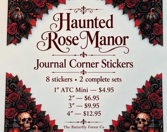 Haunted Rose Manor Journal Corner Stickers | Gothic Roses, Skulls and Pumpkins | 8 Piece Set | Journaling, Scrapbooking and ATC