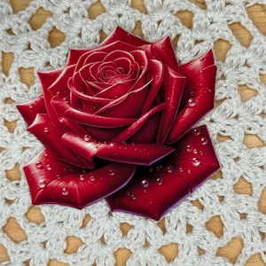 May include: A vibrant red rose with water droplets, set against a white crocheted doily. The rose's petals are detailed, showcasing a realistic texture. The background is a light brown surface.