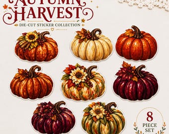 Autumn Harvest Pumpkin Stickers | 8 designs 16 Pc Fall Die Cut Sticker Set | Autumn Floral Pumpkins | Junk Journal Scrapbooking Supplies