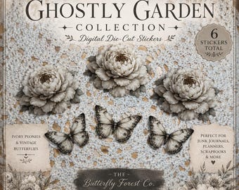 Ghostly Garden Collection | Gothic Butterfly & Peony Stickers | Junk Journal Supplies | Vintage Botanical Die Cuts