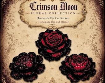 Crimson Moon Floral Collection | 3 Handmade Die Cut Gothic Flower Stickers | Dark Botanical Journal Stickers