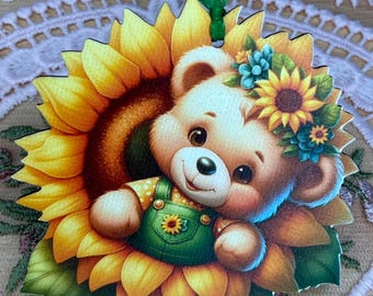 Happy Sunflower Bear Wood Clip