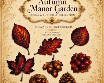 Autumn Manor Garden Woodland Collection | 9 Handmade Die Cut Designs 18 pcs Autumn Stickers | Leaves, Acorns & Berries