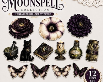 Moonspell Collection | 12 Pc Witchy Die Cut Sticker Set | Gothic Floral & Apothecary Stickers | Junk Journal Scrapbooking Supplies