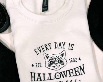Embroidered Halloween Cat Sweatshirt: Spooky Celestial Crewneck