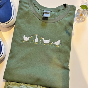 Embroidered Geese Crewneck Tee: Silly Animal Shirt