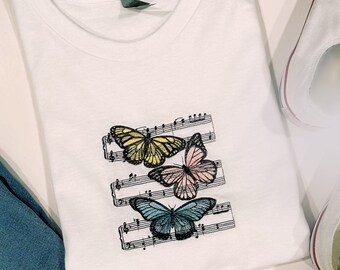 Embroidered Butterfly Music Notes Shirt - Nature Lover Gift