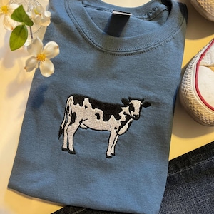 Cow Embroidered Crewneck T-Shirt: Cottagecore Farmer Gift