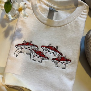 Mushroom Cats Embroidered Tee | Cottage core Shirt | Crewneck Aesthetic Tee Shirt | Gift for Cat Lovers | Feline T-Shirt | Mushroom Shirt