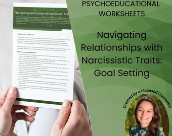 Puede incluir: Una hoja de trabajo verde y blanca titulada "Navigating Relationships with Narcissistic Traits: Goal Setting" con una foto de una mujer en la esquina inferior derecha. El texto "Created by a Licensed Counselor" está en un círculo alrededor de la foto. El texto "Kerry Wischusen, LPCA" está debajo de la foto.