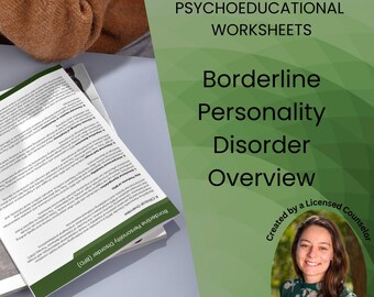 May include: A stack of printed worksheets titled "Borderline Personality Disorder Overview" with the text "Psychoeducational Worksheets." The image includes a headshot of a licensed counselor, Kerry Wischusen, LPCA.
