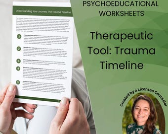 May include: A green and white worksheet titled "Psychoeducational Worksheets: Therapeutic Tool: Trauma Timeline" with a photo of a woman in the bottom right corner. The text "Created by a Licensed Counselor" is in a circle around the photo. The text "Kerry Wischusen, LPCA" is below the photo. The worksheet includes a list of five steps for understanding trauma.