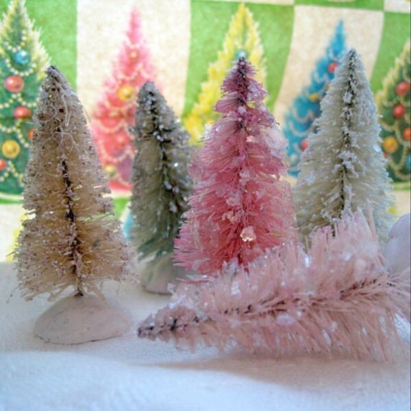 5 mini hand dyed and glittered bottle brush trees