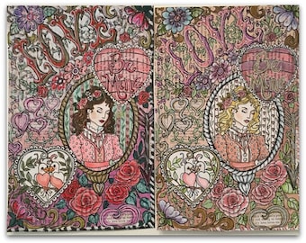 Valentine coloring page hand drawn and collaged from vintage text