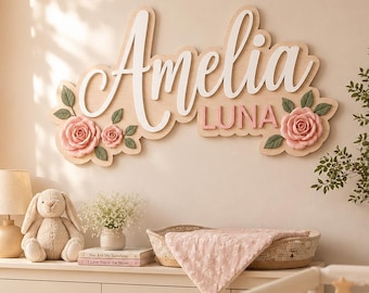 Personalized Baby Name Sign, Floral Nursery Wall Decor, Custom Wooden Name Plaque, 3D Girl Room Sign, Baby Shower Gift, Boho Nursery Decor