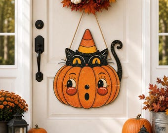 Vintage Halloween Wood Sign, Retro Black Cat Pumpkin Ghost Decor, Spooky Party Door Hanger, Cute Halloween Wall Art, Fall Porch Decor