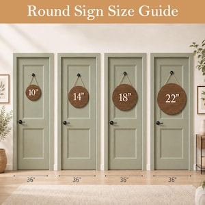 May include: A Round Sign Size Guide graphic showing four circular wooden signs hanging on sage green doors. The signs are labeled with diameters of 10 inches, 14 inches, 18 inches, and 22 inches, while each door is labeled as 36 inches wide.
